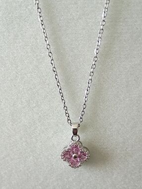 New Silver Tone Pendant Necklace with Pink Floral Gemstone Accent